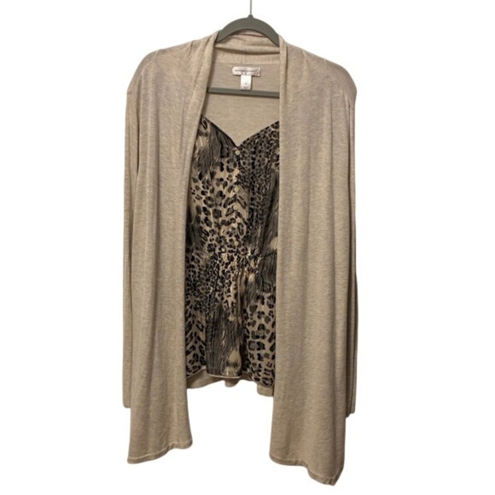 Christopher & Banks Vintage Cardigan and Animal Print Top Set Tan XL